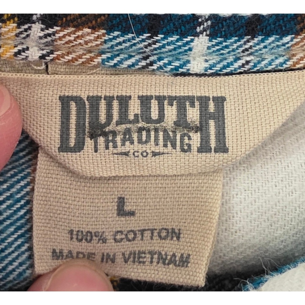 Duluth Trading Co Cotton Plaid Flannel Button Shirt Womens L Blue Brown Autumn - Picture 8 of 9